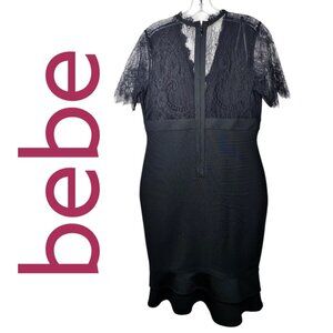 NWT BEBE BANDAGE BLACK LACE DRESS ELEGANT WHIMSYGOTH COCKTAIL, SIZE LARGE